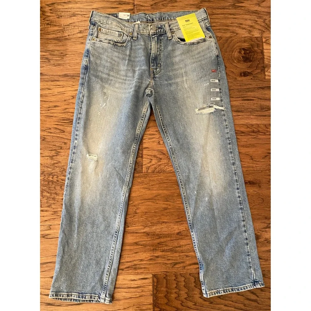 Levis 514 Straight Fit Mens 33x30 Light Wash Distressed Flex Jeans New